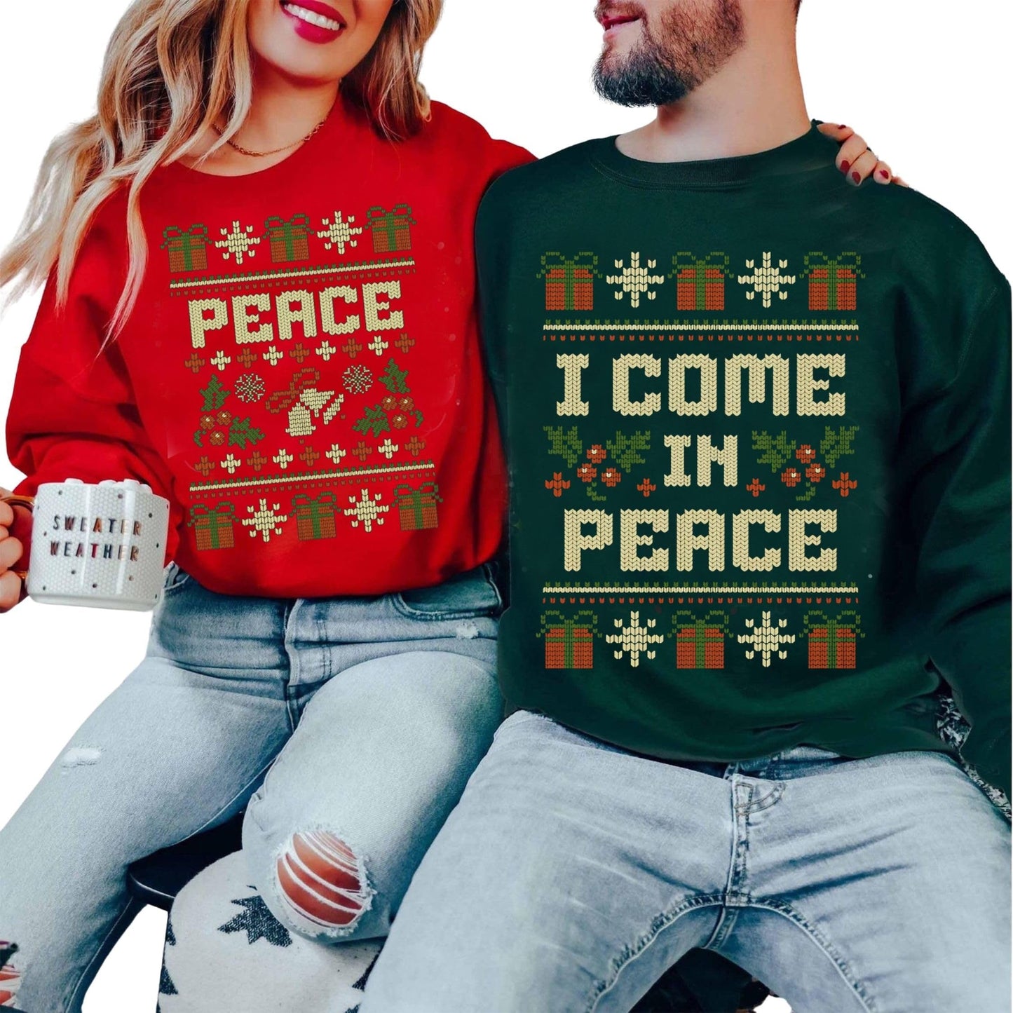 I Come in Peace I'm Peace Ugly Christmas Sweater, Ugly Christmas Sweater, Knitted Christmas Jumper