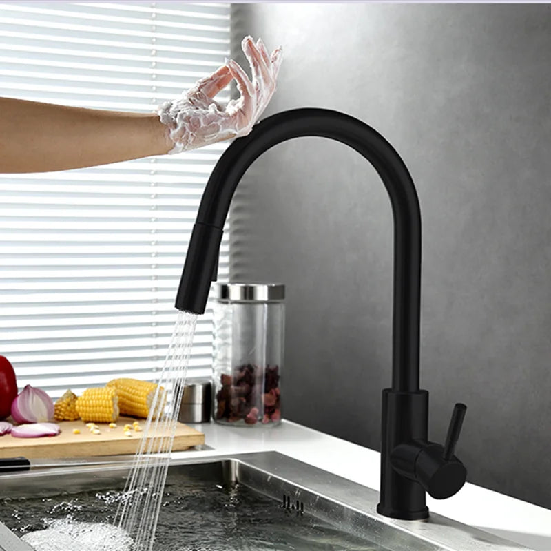 TouchTech Pull-Out Kitchen Tap – Sensor Touchless Mixer Tap with Flexible Spout | Modern Brass Faucet