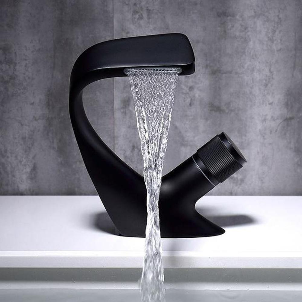 AQUACASCADE Basin Tap – Modern Waterfall Bathroom Mixer Tap in Solid Brass