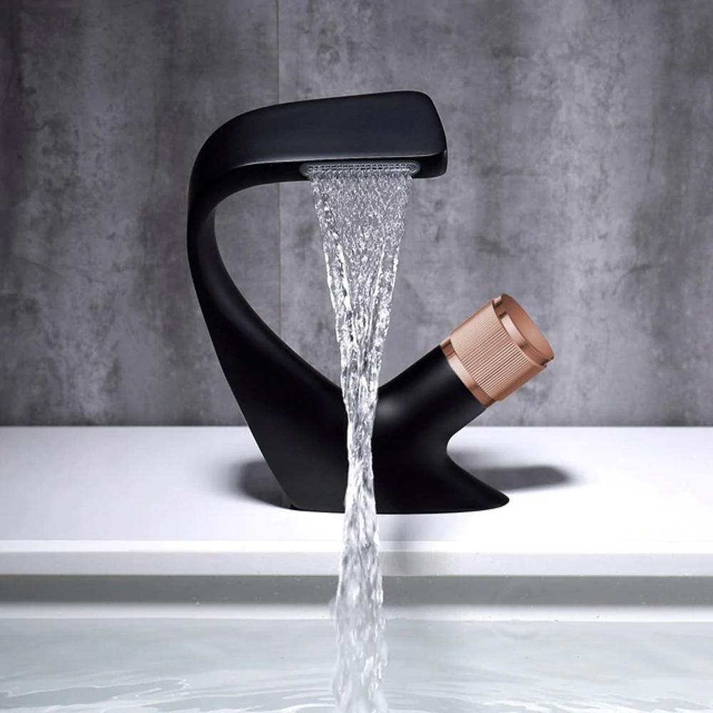 AQUACASCADE Basin Tap – Modern Waterfall Bathroom Mixer Tap in Solid Brass