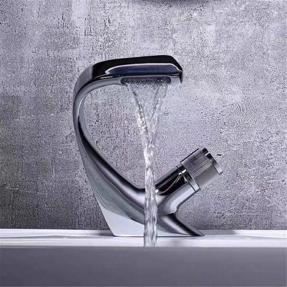 AQUACASCADE Basin Tap – Modern Waterfall Bathroom Mixer Tap in Solid Brass