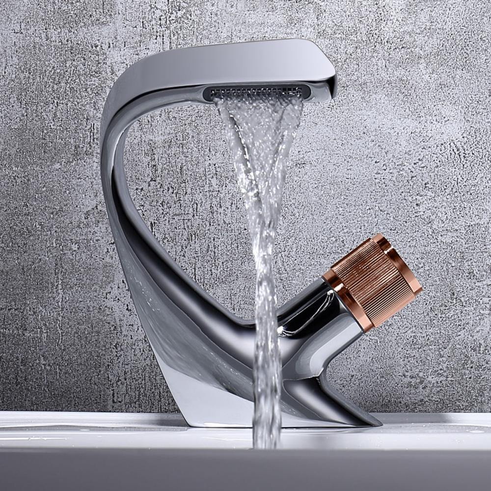AQUACASCADE Basin Tap – Modern Waterfall Bathroom Mixer Tap in Solid Brass