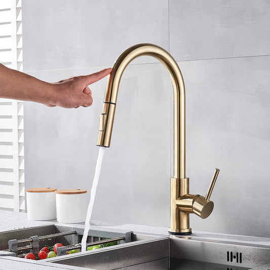 TouchTech Pull-Out Kitchen Tap – Sensor Touchless Mixer Tap with Flexible Spout | Modern Brass Faucet