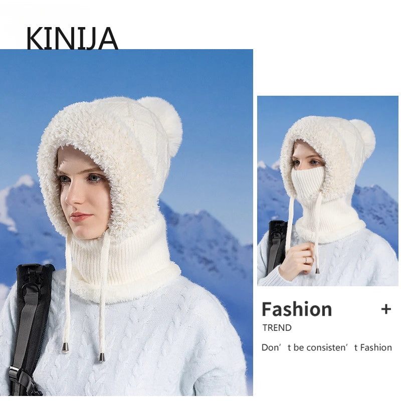 Women Winter Velvet Knitted Woolen Balaclava Hat Ear Protection fluffy Hat Mask Neck Integrated Warmth Cover Hat lady hooded cap