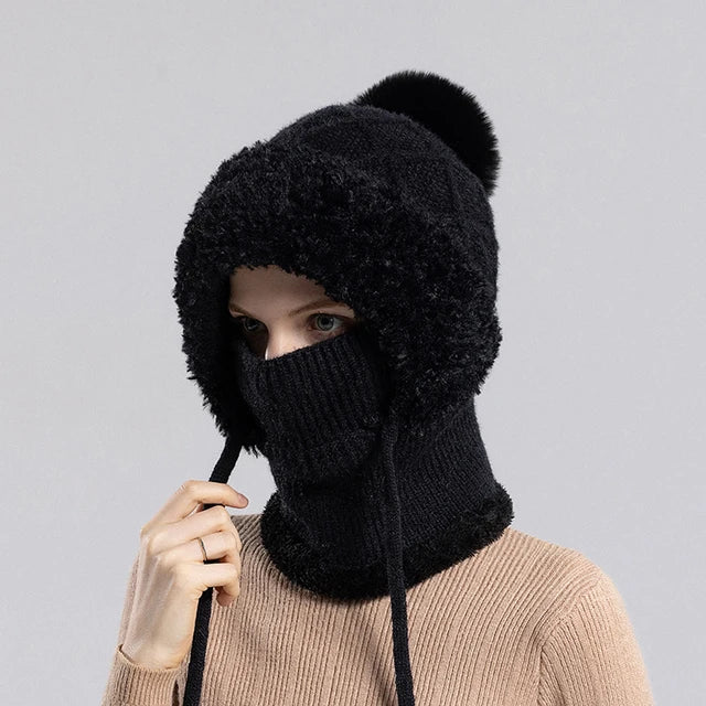 Women Winter Velvet Knitted Woolen Balaclava Hat Ear Protection fluffy Hat Mask Neck Integrated Warmth Cover Hat lady hooded cap