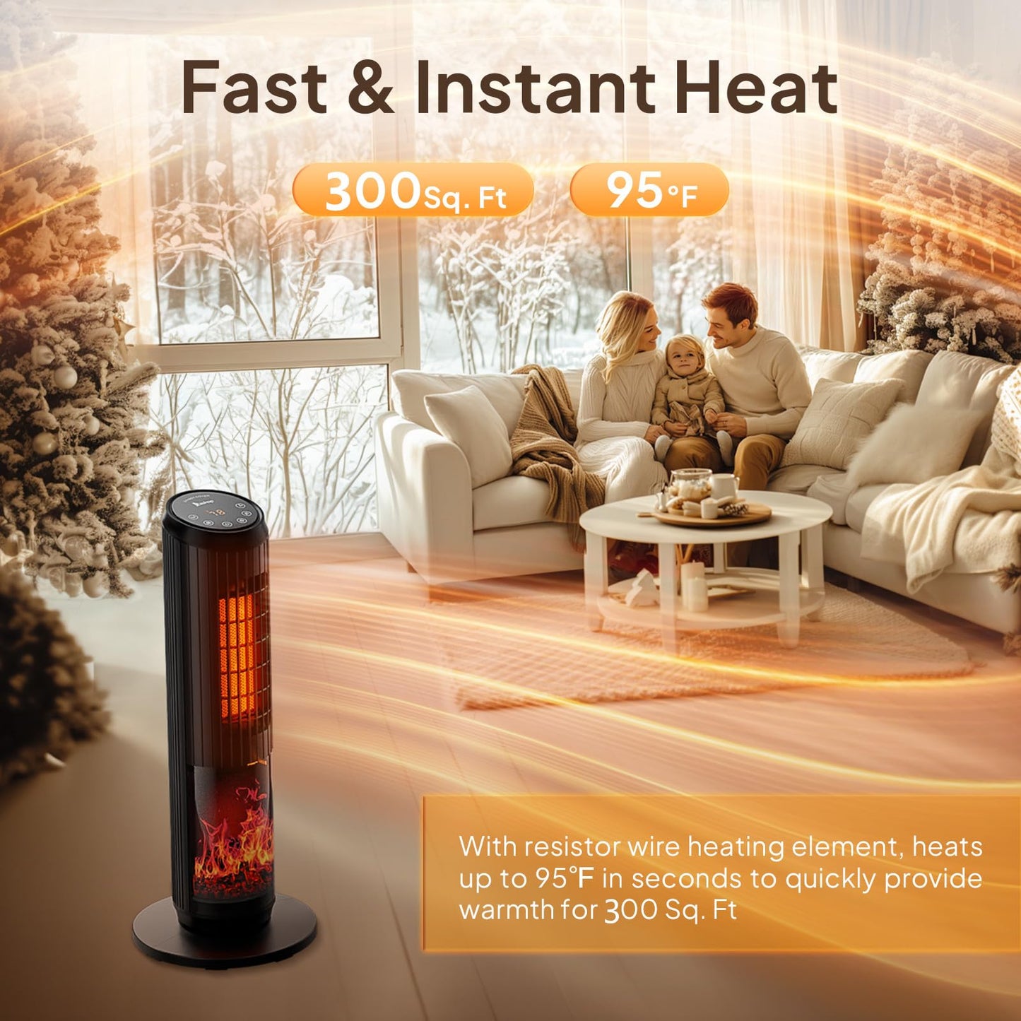 Space Heater for Indoor Use, 23Inch Portable Heater with Remote and Thermostat,7 Light Modes, 70°Oscillation, 12H Timer, Up to 95°F, Tip-over Protection